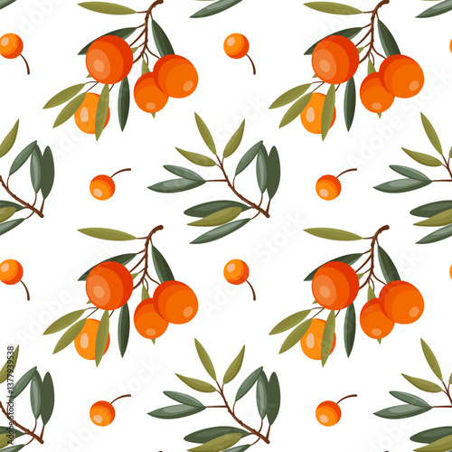 Seamless vector pattern with sea buckthorn berries, leaves, and branches, natural and elegant design.