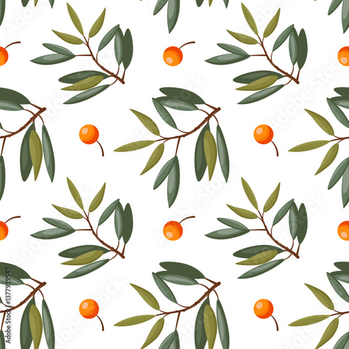 Seamless vector pattern with sea buckthorn berries, leaves, and branches, natural and elegant design.