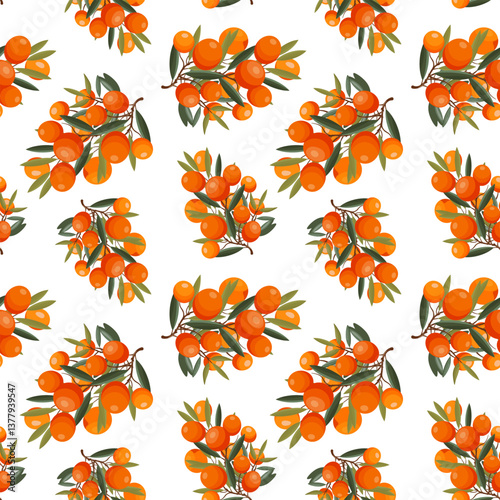 Seamless vector pattern with sea buckthorn berries, leaves, and branches, natural and elegant design.