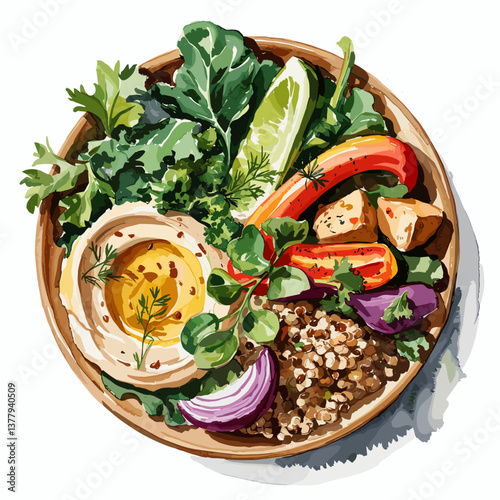 Watercolor Mediterranean Grain Bowl with Hummus and Greens