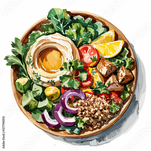 Watercolor Mediterranean Grain Bowl with Hummus and Greens