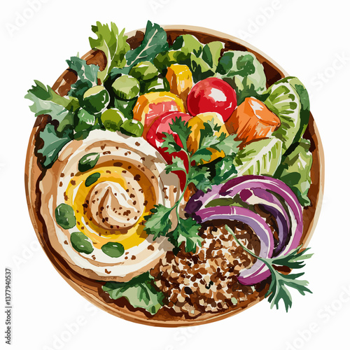 Watercolor Mediterranean Grain Bowl with Hummus and Greens