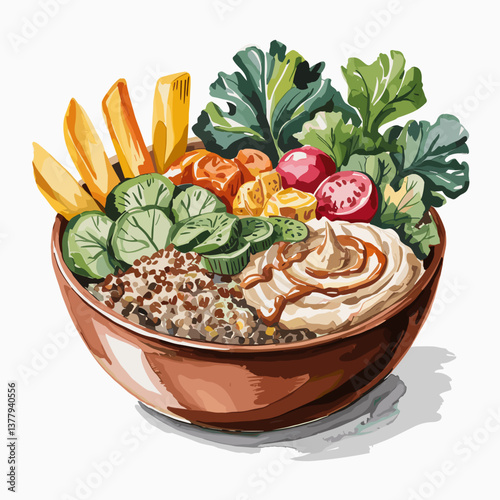 Watercolor Mediterranean Grain Bowl with Hummus and Greens