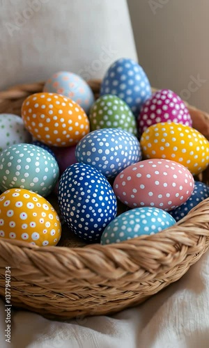 A basket of painted eggs with blue, yellow, and pink polka dots. The eggs are arranged in a basket and are colorful