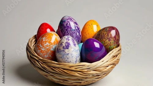 A basket of eggs in various colors, including purple, orange, and yellow. The basket is placed on a white surface
