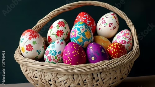 A basket full of colorful Easter eggs. The basket is on a table and the eggs are arranged in a way that they look like they are ready to be eaten. The basket is filled with a variety of eggs