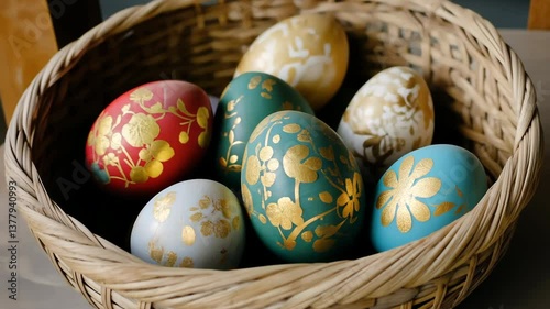A basket of eggs with gold and green designs on them. The basket is on a table. The eggs are in different sizes and colors