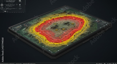 Interactive Tactical Map Display on Modern Tablet Device Showing Strategic Terrain Analysis with Risk Zones Highlighted for Military or Gaming Applications