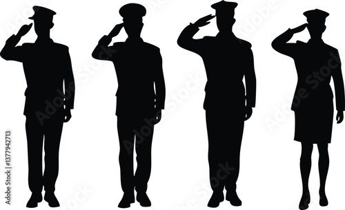 Army Officer Silhouettes Group of Servicemen Saluting, Diverse Uniforms, Military Honor