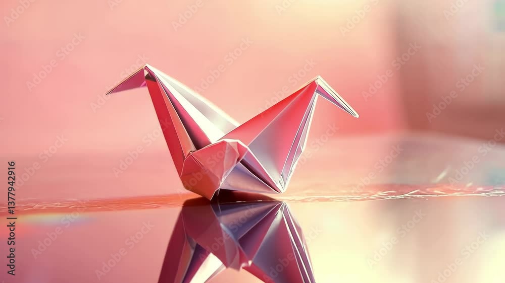 Vibrant Origami Crane on Reflective Surface with Soft Backgrounds