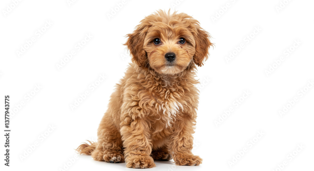 Adorable Golden Doodle Puppy Sitting on White Background - Cute Pet Portrait Adorable Golden Doodle Puppy Sitting on White Background - Cute Pet Portrait