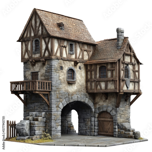 Medieval stone and timber inn with blue shingle roof, wooden barrels, and a small turret, front view