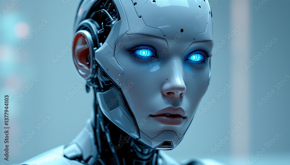 Close-up of Humanoid Robot with Glowing Eyes in a Futuristic Setting