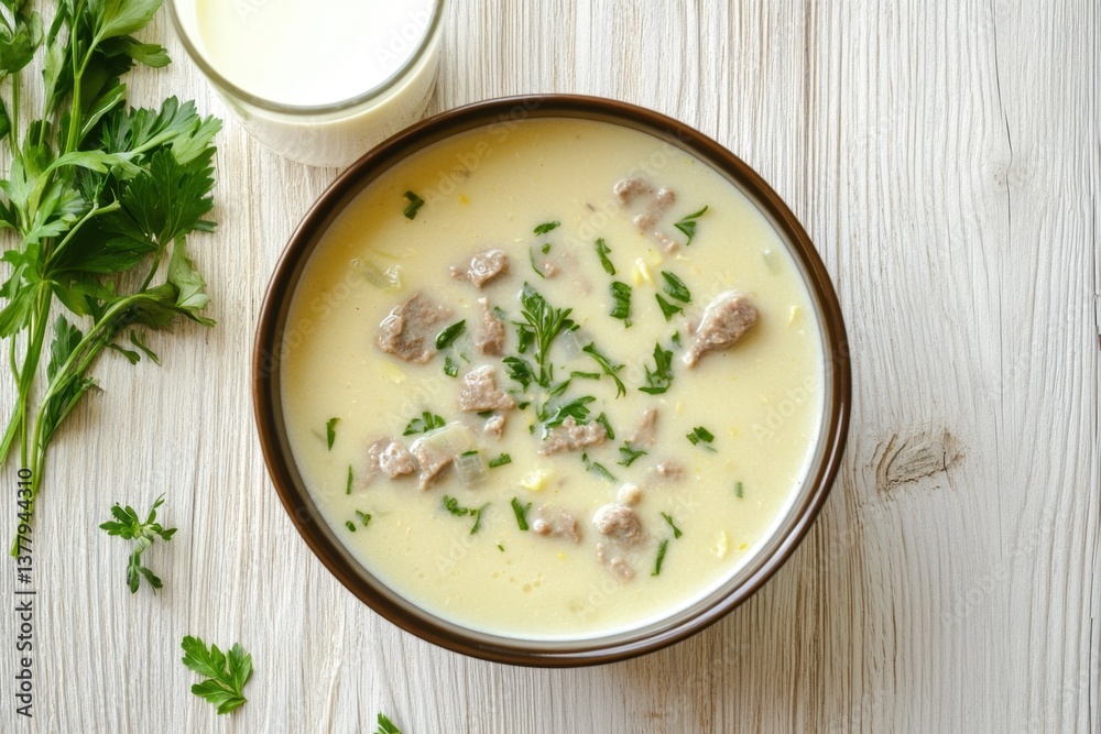 Creamy Beef Soup in Bowl on Wooden Tabletop with Milk Creamy Beef Soup in Bowl on Wooden Tabletop with Milk