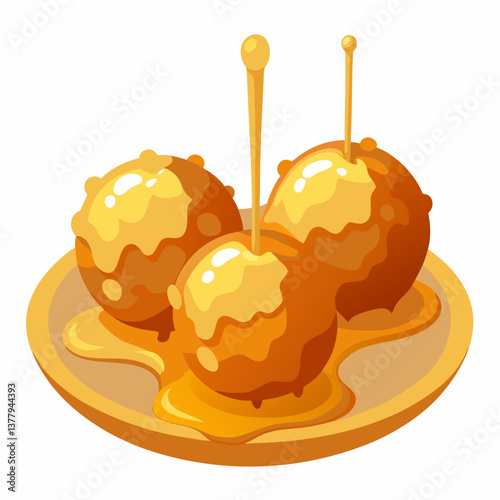 Caramel apple on a plate, drizzled with caramel sauce, illustrated in a colorful vector style.