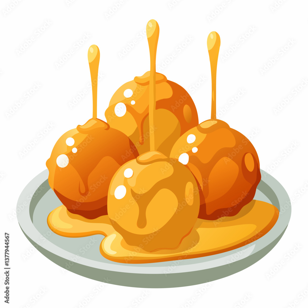 Caramel apple on a plate, drizzled with caramel sauce, illustrated in a colorful vector style. Caramel apple on a plate, drizzled with caramel sauce, illustrated in a colorful vector style.
