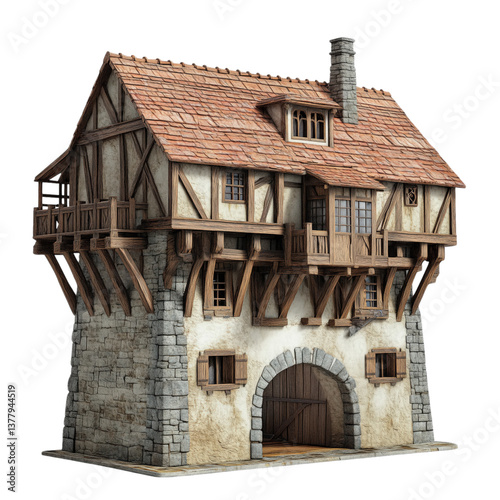 Medieval stone and timber inn with blue shingle roof, wooden barrels, and a small turret, front view