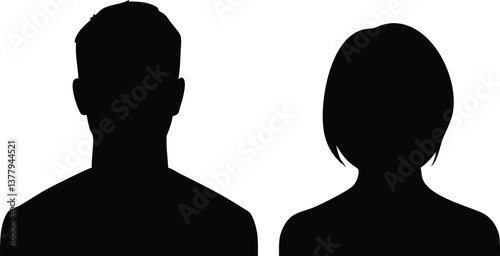 Man and Woman Head and Shoulders Silhouette, Bob Haircut, Solid Black on White Background