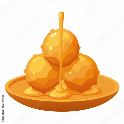 Caramel apple on a plate, drizzled with caramel sauce, illustrated in a colorful vector style.