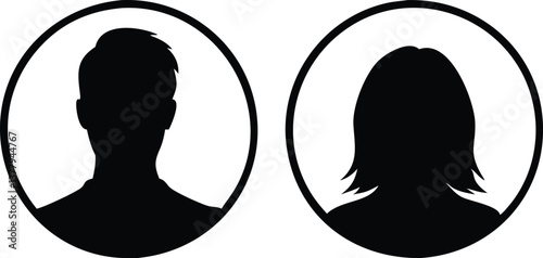 Man and Woman Silhouettes, Profile Avatar, Round Frame, User Icon, Black & White