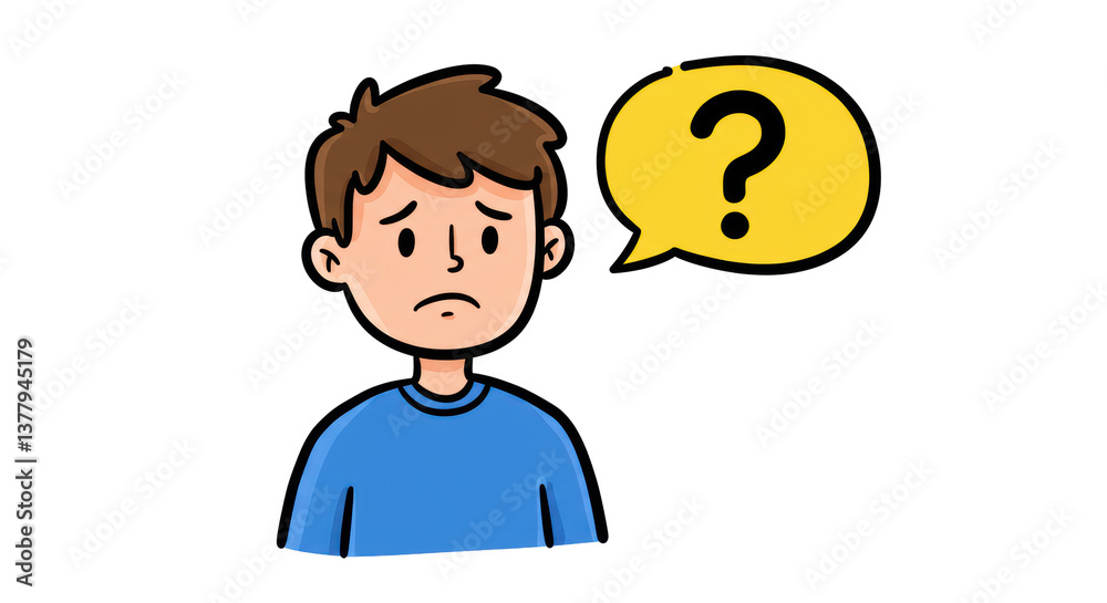 Isolated Cartoon Man with Question Mark in Speech Bubble, Confused Expression Isolated Cartoon Man with Question Mark in Speech Bubble, Confused Expression