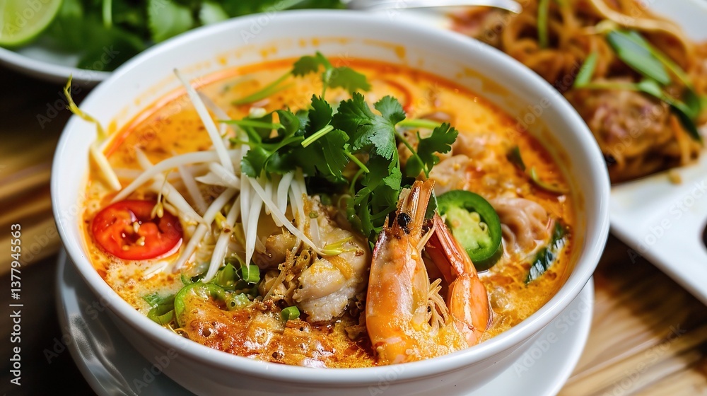 An appealing bowl of laksa is presented. The laksa features thick, chewy rice noodles submerged in a rich, spicy and creamy coconut - based broth. The broth is a complex blend of various spices An appealing bowl of laksa is presented. The laksa features thick, chewy rice noodles submerged in a rich, spicy and creamy coconut - based broth. The broth is a complex blend of various spices