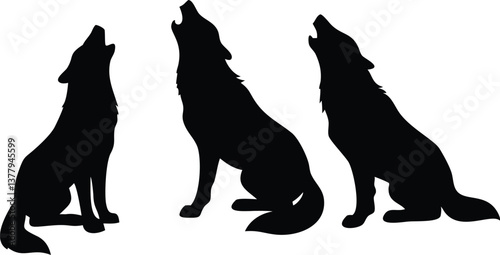 Silhouette of Howling Wolves, Isolated Black Icons, Wild Animals, Pack, Canis Lupus