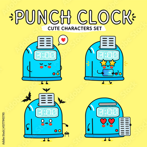 Cheerful punch clock characters express a range of emotions in a cute, cartoon style design.