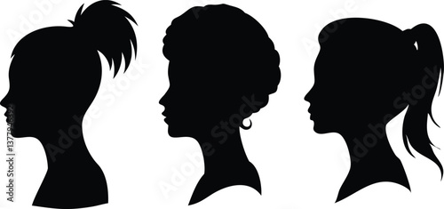Silhouettes of Diverse Women Ponytail, Afro, Long Hair Black Isolated on White Background