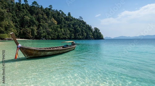 A long-tail boat floating in the crystal-clear sea near Koh Rok.