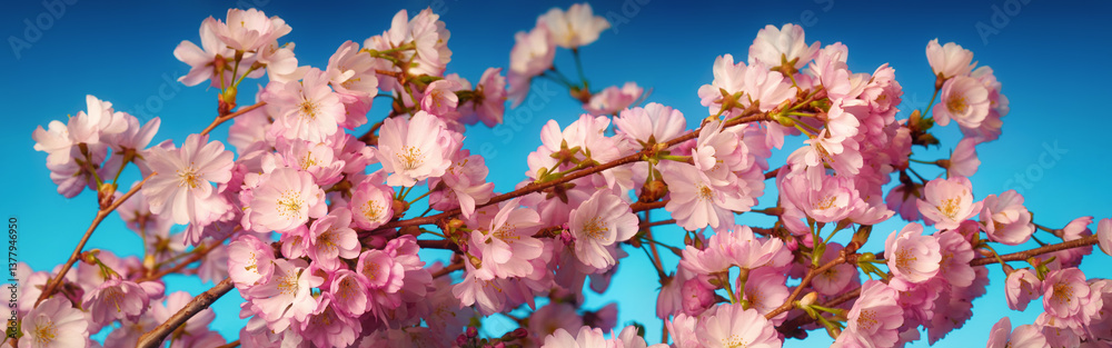 Beautiful pink cherry blossoms on a branch in spring, panorama closeup with blue background