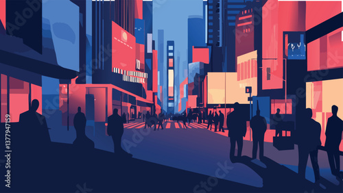 New York Times Square at Night in Vibrant Digital Illustration .eps