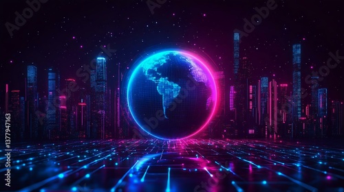 Futuristic cityscape featuring a glowing globe with vibrant neon colors, surrounded by a digital landscape and illuminated skyscrapers.
