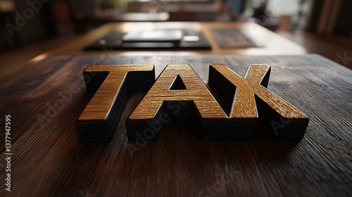 Close-up of wooden 'TAX' letters on a rustic table, signifying financial duty and responsibility in accounting or taxation themes.