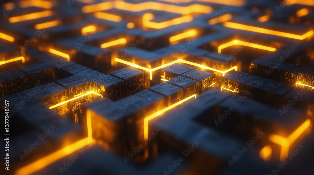 Fototapeta premium A captivating exploration of a digital maze with glowing lines, representing technology, complexity, and modern design