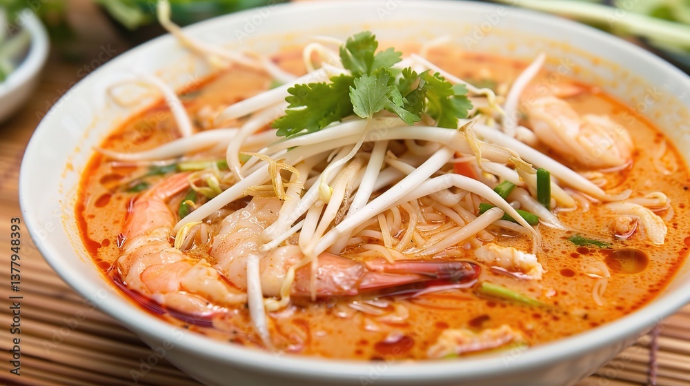 An appealing bowl of laksa is presented. The laksa features thick, chewy rice noodles submerged in a rich, spicy and creamy coconut - based broth. The broth is a complex blend of various spices An appealing bowl of laksa is presented. The laksa features thick, chewy rice noodles submerged in a rich, spicy and creamy coconut - based broth. The broth is a complex blend of various spices