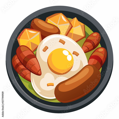 A bowl filled with eggs, potatoes, and various other ingredients, showcasing a colorful and appetizing arrangement.