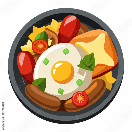 A bowl filled with eggs, potatoes, and various other ingredients, showcasing a colorful and appetizing arrangement.