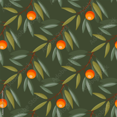 Seamless vector pattern with sea buckthorn berries, leaves, and branches, natural and elegant design.