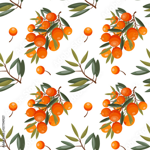 Seamless vector pattern with sea buckthorn berries, leaves, and branches, natural and elegant design.