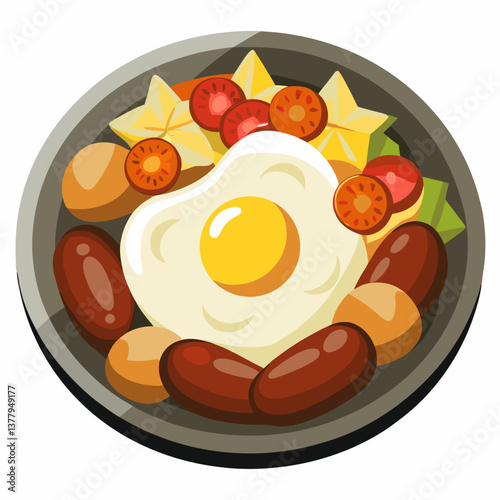 A bowl filled with eggs, potatoes, and various other ingredients, showcasing a colorful and appetizing arrangement.