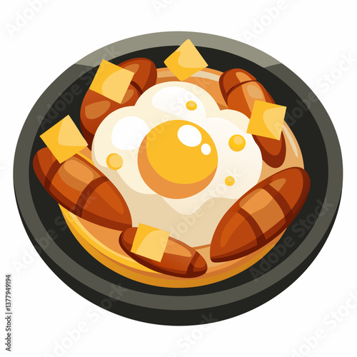 A bowl filled with eggs, potatoes, and various other ingredients, showcasing a colorful and appetizing arrangement.