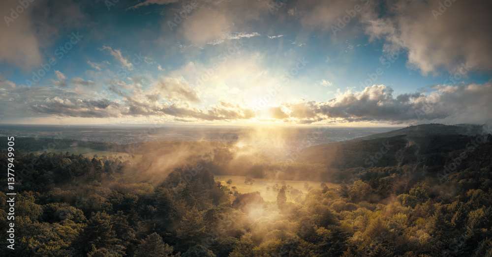 Aerial panorama of a beautiful rural landscape at sunrise, with forest and meadow, nice clouds, great light and the mist illuminated by the morning sun