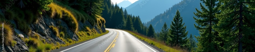 Serpentine mountain road surrounded by dense pine trees, forest, French Alps, travel Serpentine mountain road surrounded by dense pine trees, forest, French Alps, travel