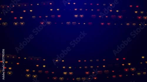 A blue-colored video is presented, featuring a number of yellow and red hearts. The background is dark, and the video is blurred, drawing focus to the hearts.