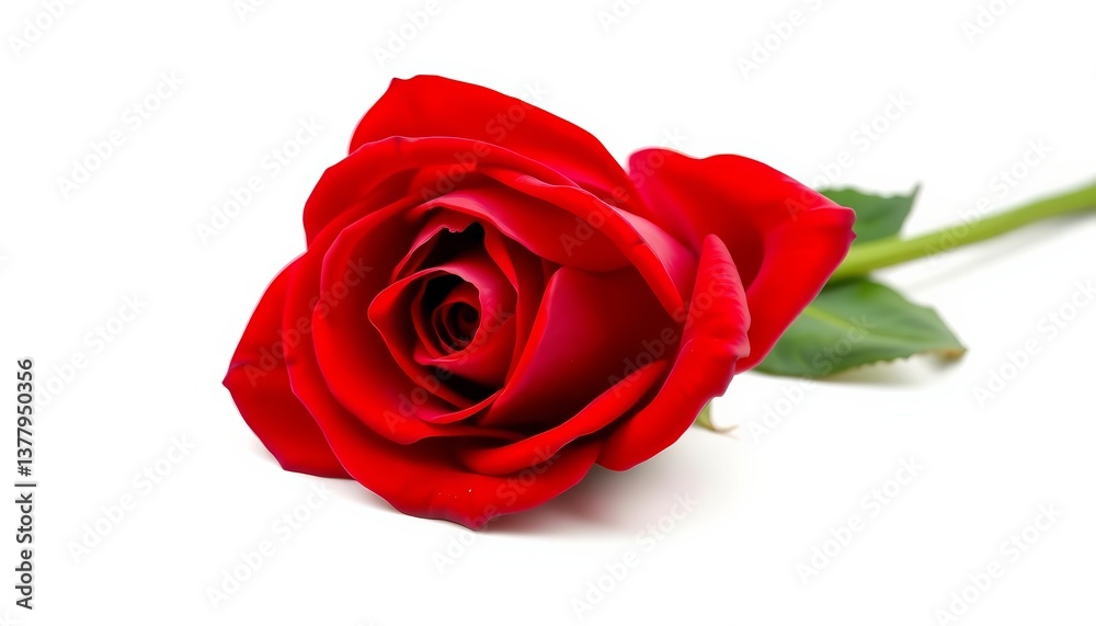Fototapeta premium A single, perfect red rose, petals unfurled, isolated on pure white, stem, beautiful