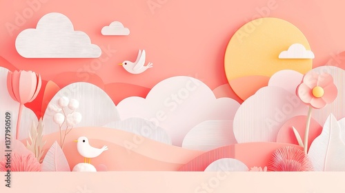 Vintage nature-inspired cutouts with a handmade feel, featuring clouds, mushrooms, tulips, birds, and sunrises on a textured paper-toned backdrop, softly washed in watercolor.