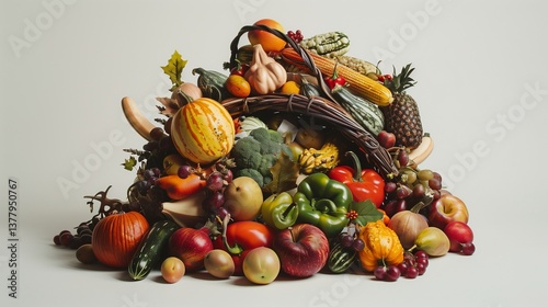 A cornucopia clipart filled with fall vegetables and fruits, arranged on a white background.