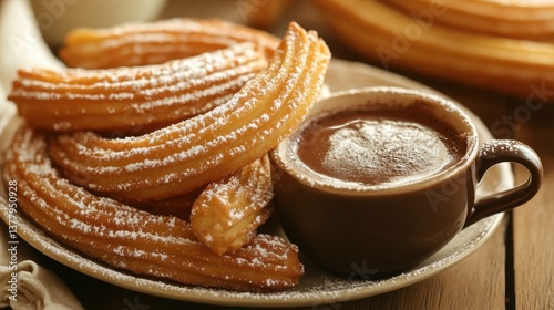 A plate of Spanish churros with thick hot chocolate for dipping.