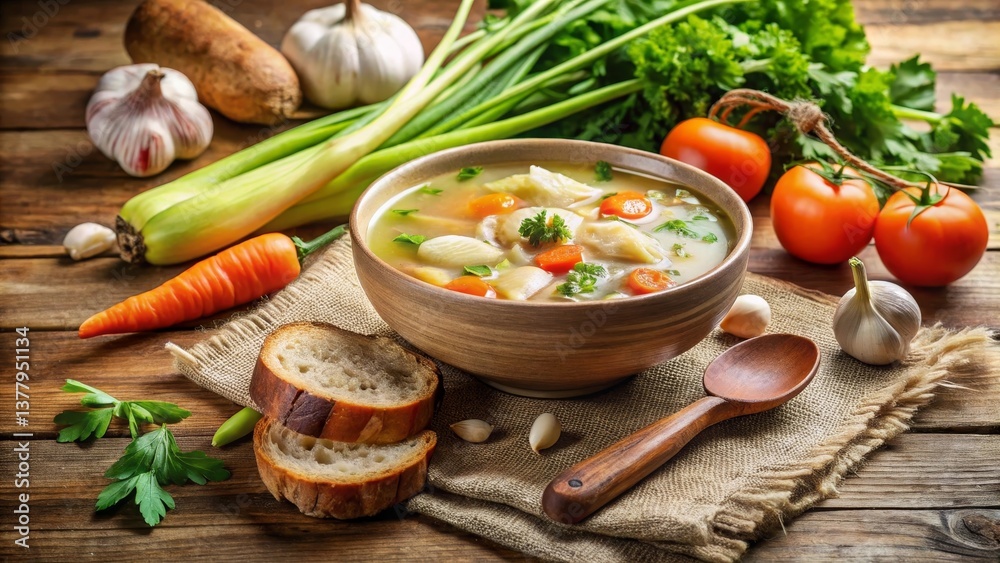 Hearty Vegetable Soup with Rustic Bread and Fresh Herbs on Wooden Table Hearty Vegetable Soup with Rustic Bread and Fresh Herbs on Wooden Table
